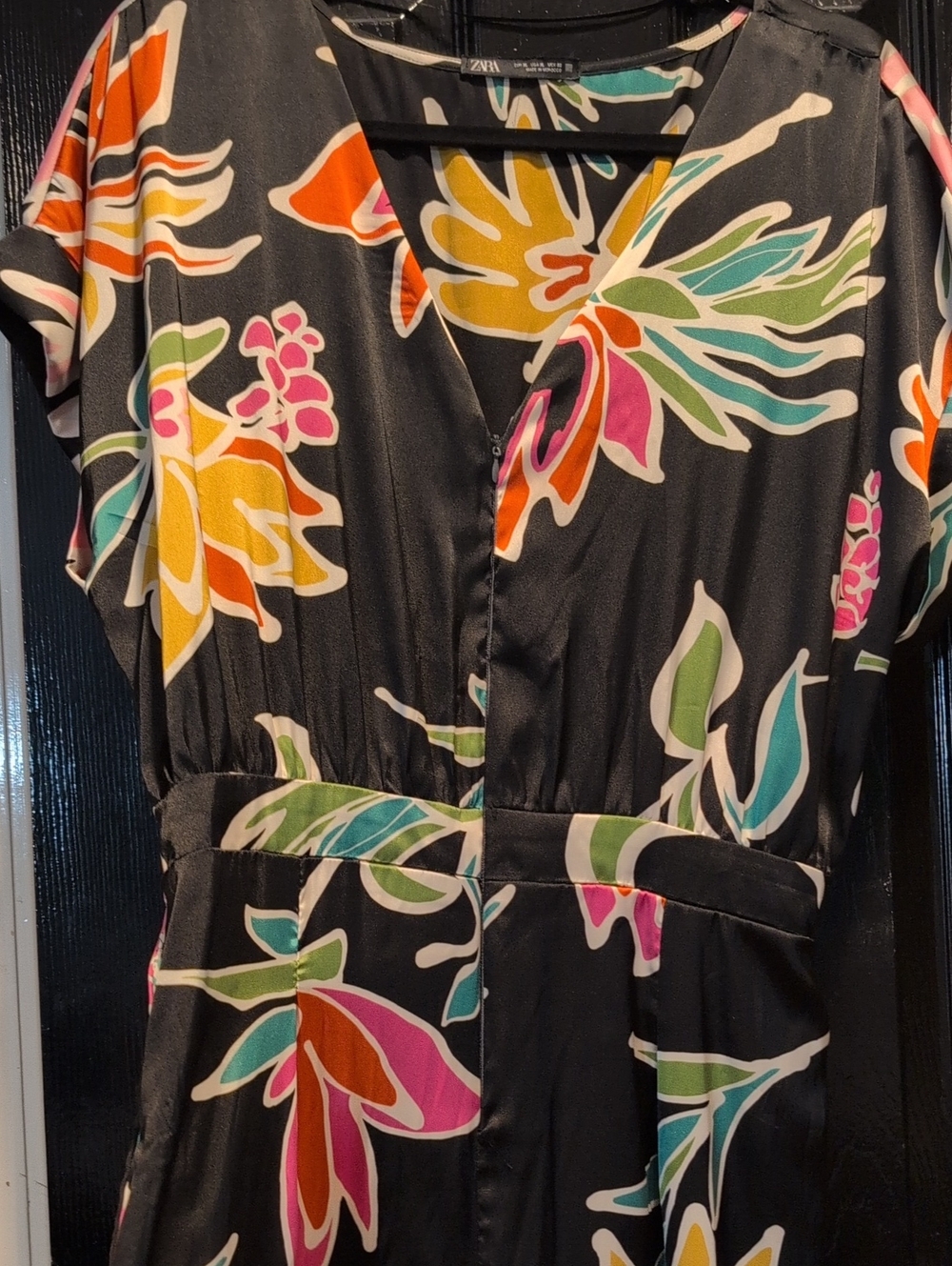 Zara Black Floral V-Neck Short-Sleeve Jumpsuit
